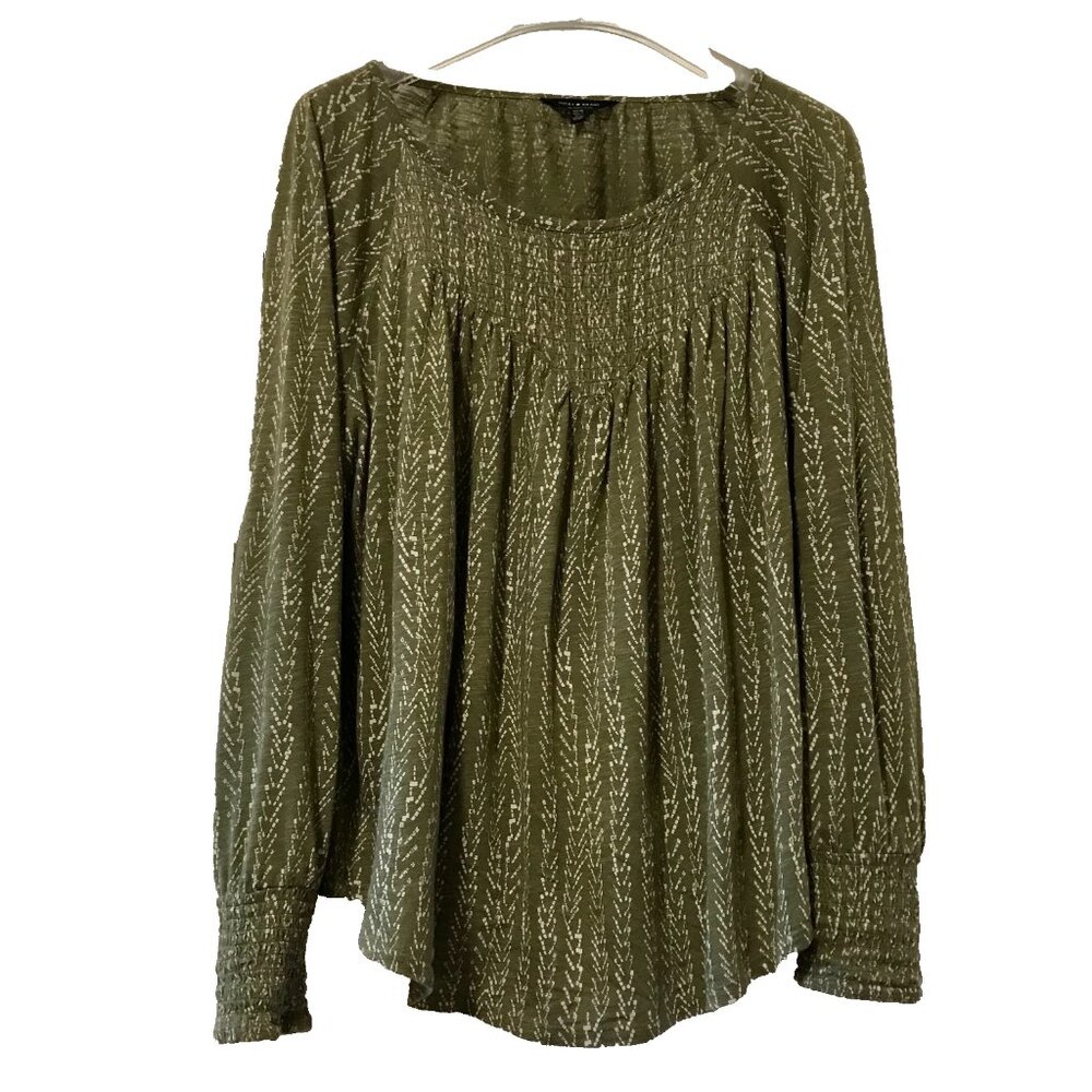 Lucky Brand Knit Top Long Sleeve GREEN White Herringbone stripe Womens 1X/16
